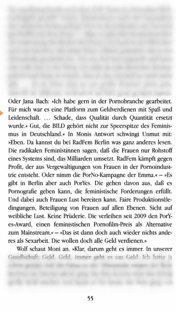 Página 55 de la novela, con la mención a RadFem Berlin
